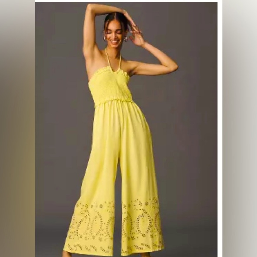 By Anthropologie Strapless Eyelet Jumpsuit